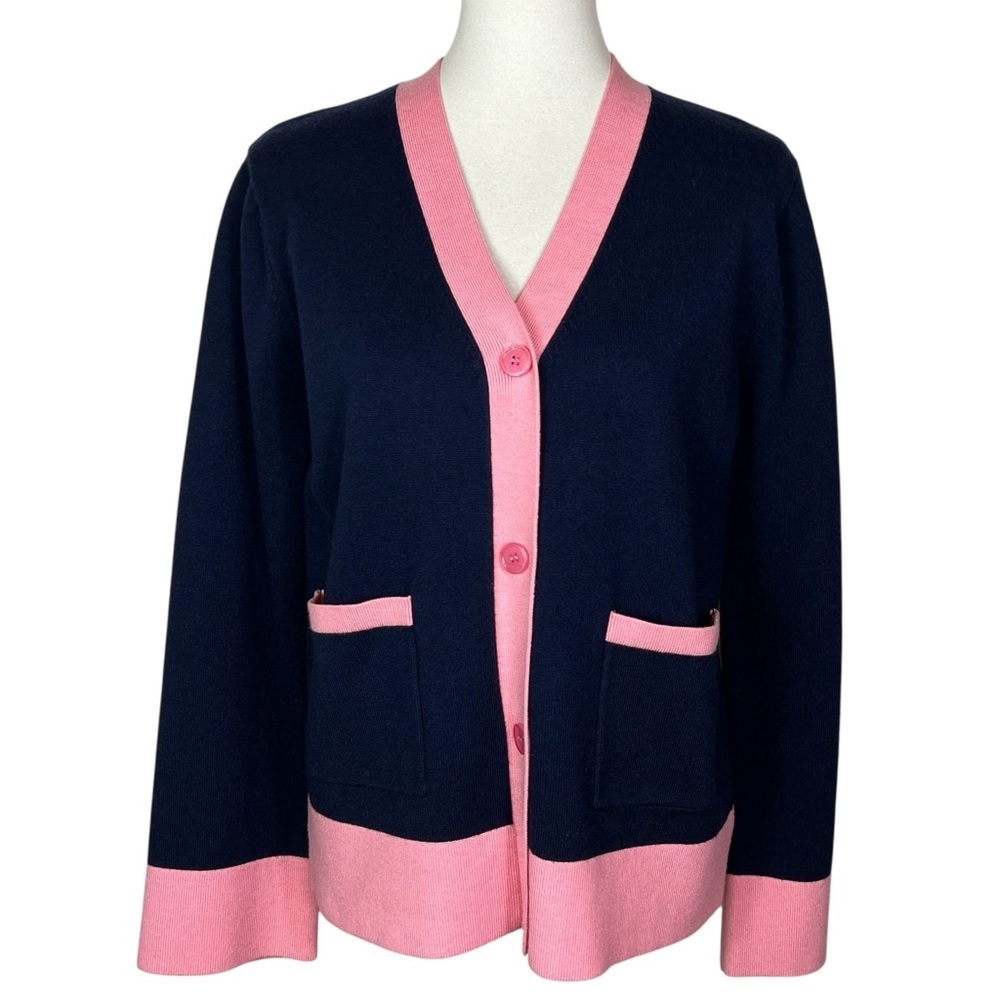 English Factory Contrast V-Neck Colorblock Cardigan Navy Pink Women’s Size M - Picture 2 of 8